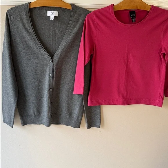 LOFT Women's Charcoal Gray V-Neck Button Cardigan & Deep Rose 3/4 sleeves shirt - Picture 1 of 8